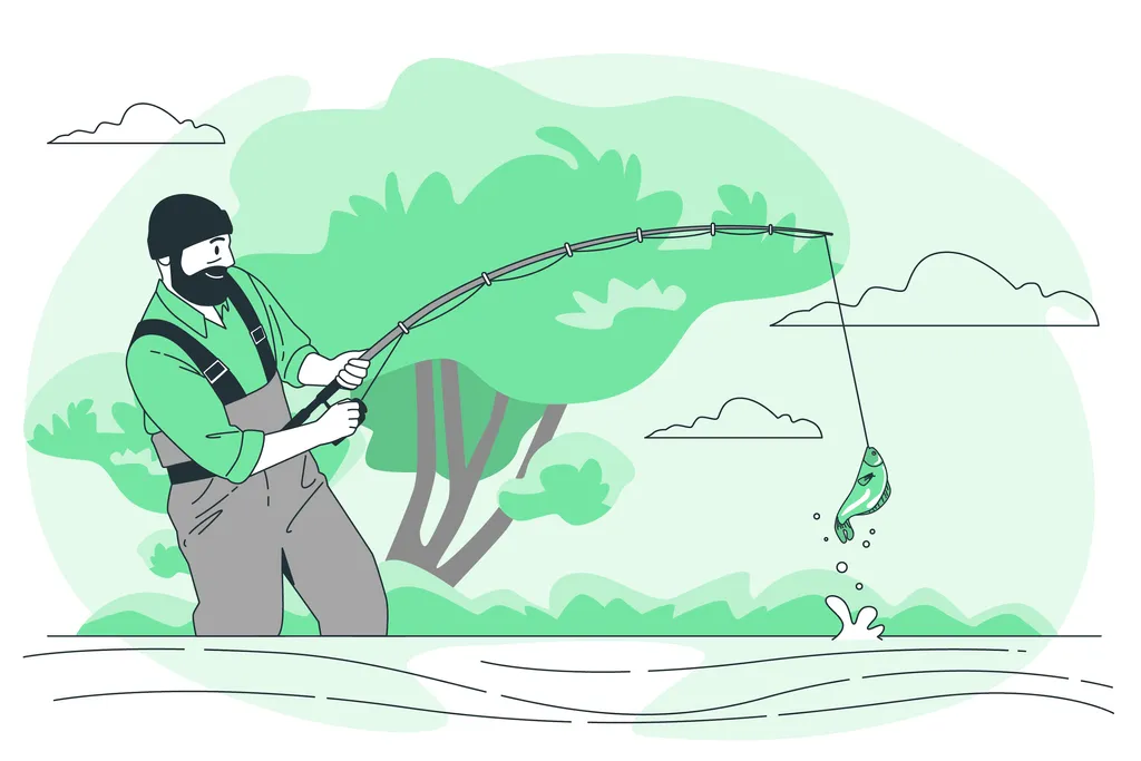 Illustration d’un pêcheur au bord d’un lac, lançant sa ligne