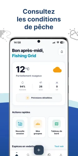 Écran d'accueil Fishing Grid — météo et conditions de pêche