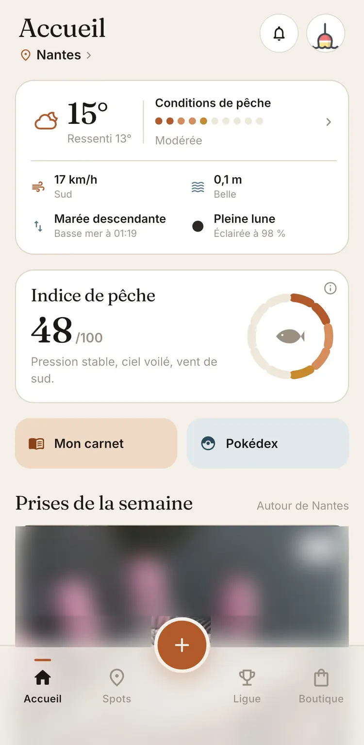 Écran d'accueil de Fishing Grid : météo, vent, marée, lune et indice de pêche sur 100