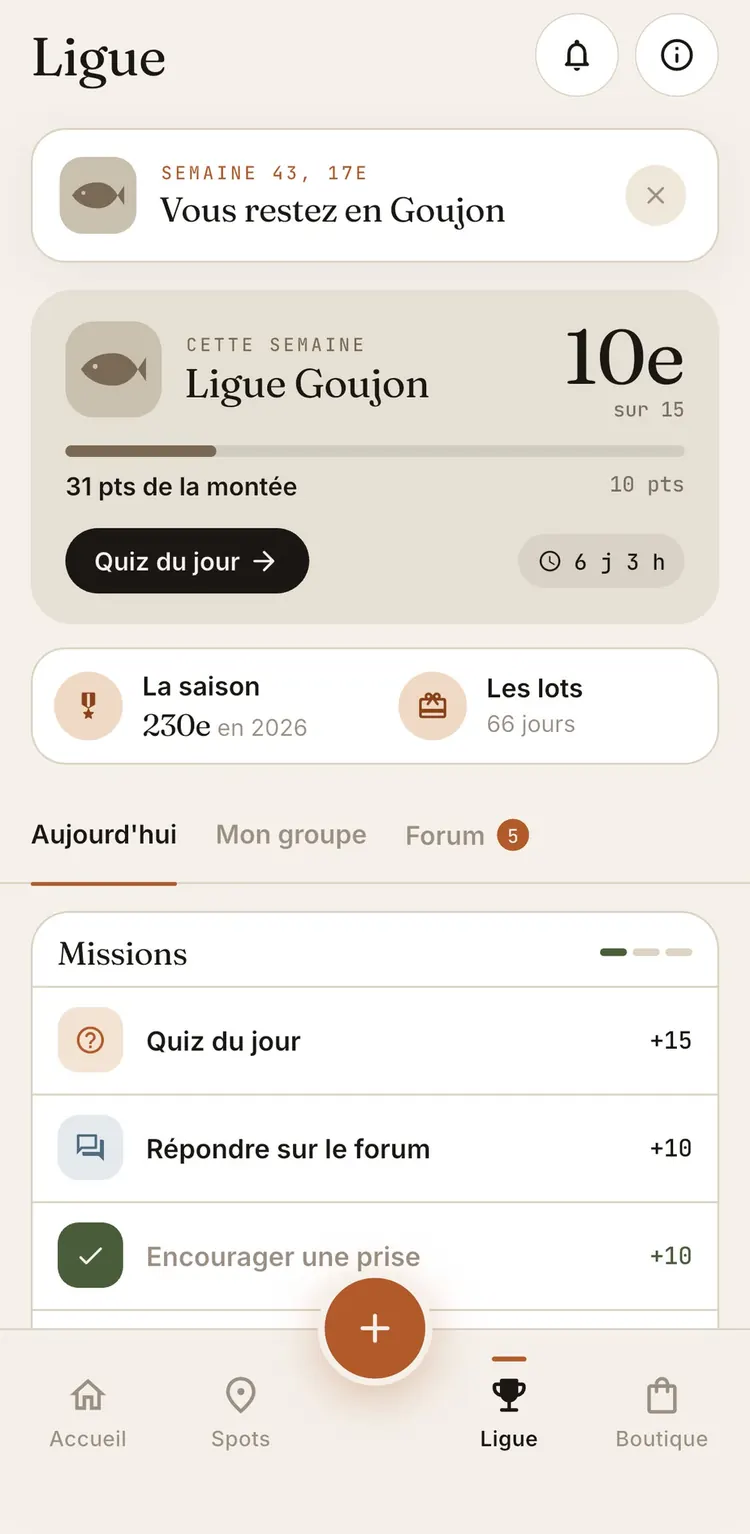 Écran de la ligue de Fishing Grid : classement de la semaine, quiz du jour et missions
