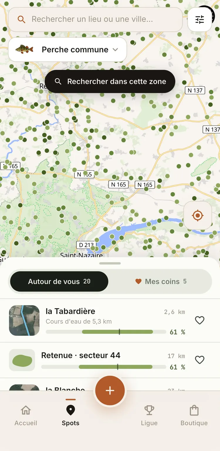 Carte des spots de pêche de Fishing Grid, filtrée sur la perche commune