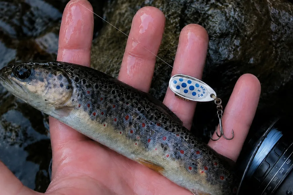Photo d'une truite fario de profil, Salmo trutta fario